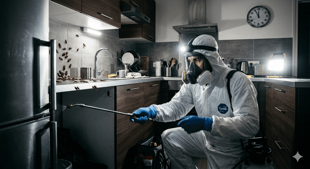 Technicien Certibiocide traitant une infestation de cafards dans une cuisine à Paris
