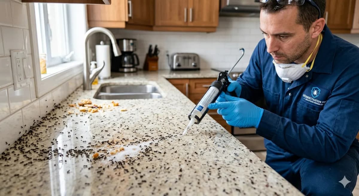 Technicien Certibiocide traitant une infestation de fourmis dans une maison française