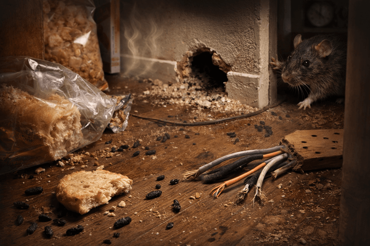 Rat près d'un trou dans un mur avec câbles rongés et nourriture